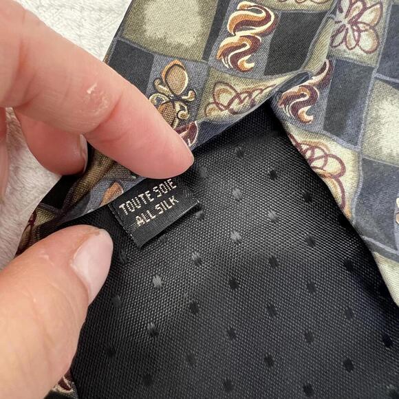 Vintage Protocol Platinum 100% Silk Black Grey Paisley Neck Tie 80s Checkered - Picture 7 of 8